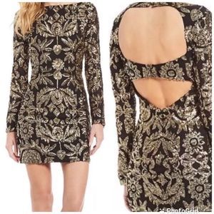 NICOLE MILLER Long Sleeve Sequin Cocktail Dress Open Back Short Black Size 4 New